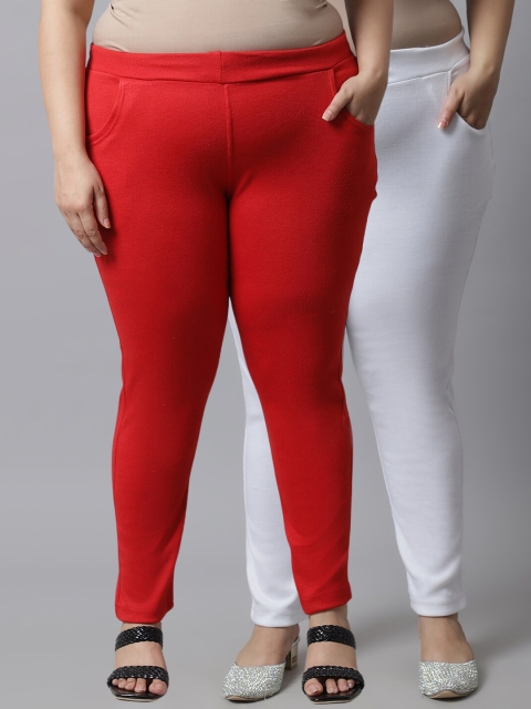 

TAG 7 Plus Size Women Pack of 2 Solid Ankle-Length Leggings, Red