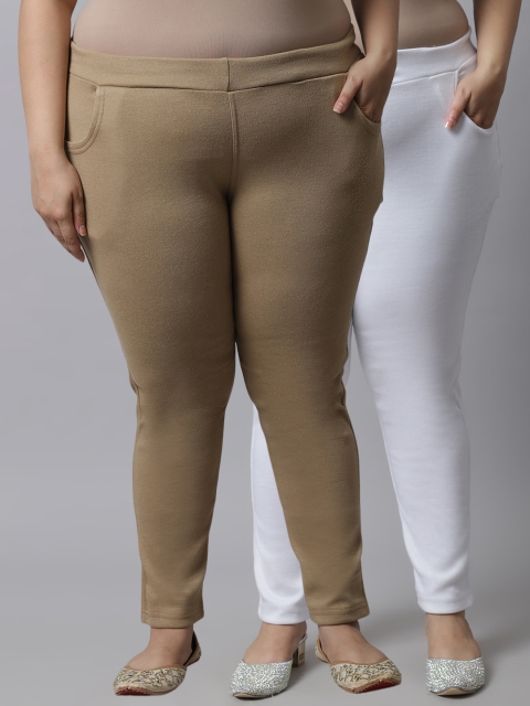 

TAG 7 Plus Size Women Pack of 2 Solid Ankle-Length Leggings, Beige