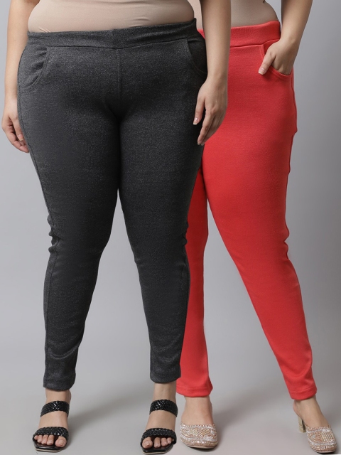 

TAG 7 Plus Size Women Pack of 2 Solid Ankle-Length Leggings, Grey
