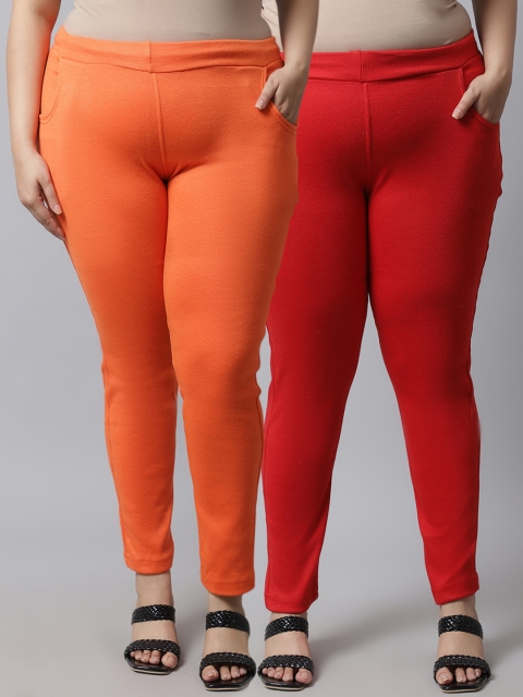 

TAG 7 Plus Size Women Pack of 2 Solid Ankle-Length Leggings, Orange