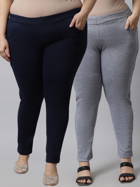 

TAG 7 Plus Size Women Pack of 2 Solid Ankle-Length Leggings, Grey