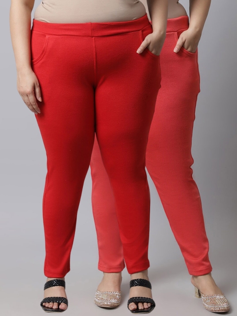 

TAG 7 Plus Size Women Pack of 2 Solid Ankle-Length Leggings, Peach
