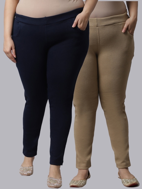 

TAG 7 Plus Size Women Pack of 2 Solid Ankle-Length Leggings, Beige