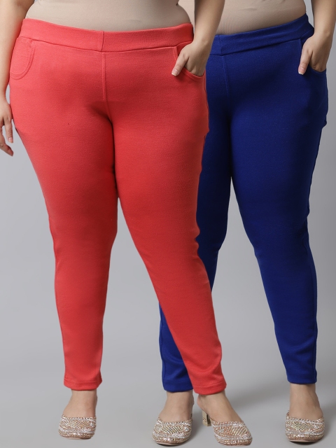 

TAG 7 Plus Size Women Pack of 2 Solid Ankle-Length Leggings, Peach