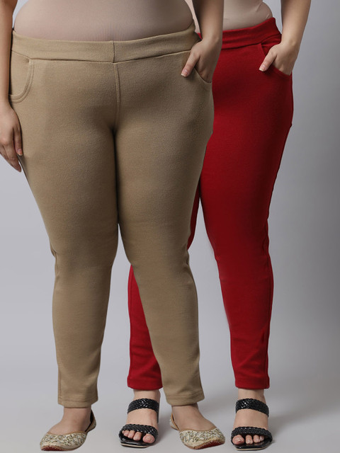 

TAG 7 Plus Size Women Pack of 2 Solid Ankle-Length Leggings, Beige
