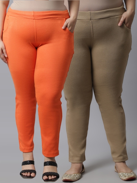 

TAG 7 Plus Size Women Pack of 2 Solid Ankle-Length Leggings, Beige