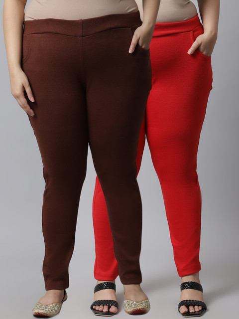 

TAG 7 Plus Size Women Pack of 2 Solid Ankle-Length Leggings, Brown