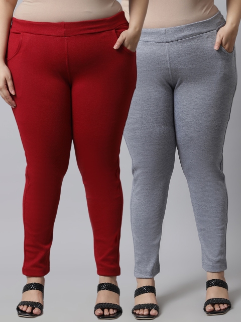 

TAG 7 Plus Size Women Pack of 2 Solid Ankle-Length Leggings, Grey