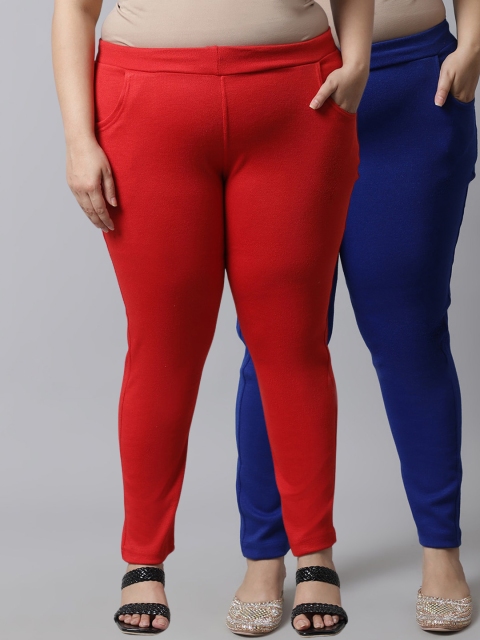 

TAG 7 Plus Size Women Pack of 2 Solid Ankle-Length Leggings, Red