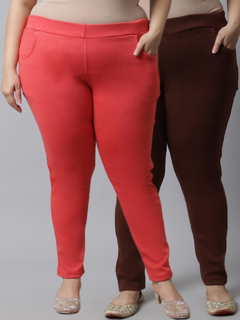 

TAG 7 Plus Size Women Pack of 2 Solid Ankle-Length Leggings, Brown