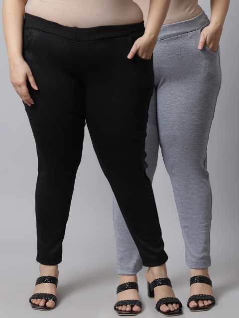 

TAG 7 Plus Size Women Pack of 2 Solid Ankle-Length Leggings, Black