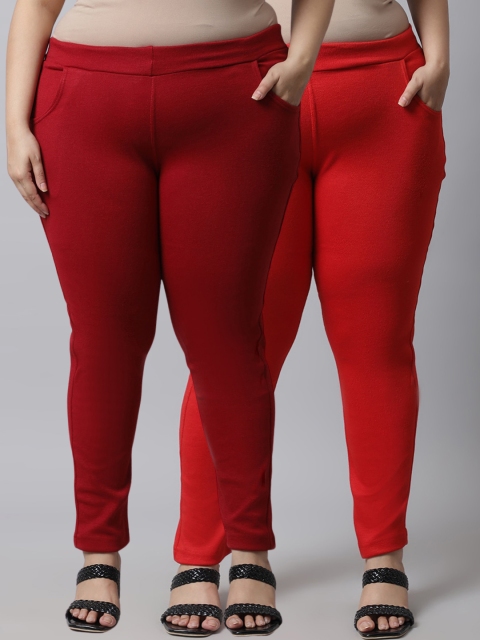 

TAG 7 Plus Size Women Pack of 2 Solid Ankle-Length Leggings, Red