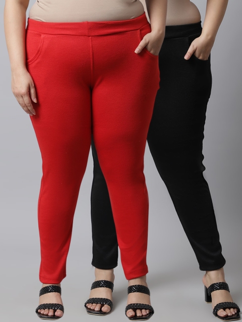 

TAG 7 Plus Size Women Pack of 2 Solid Ankle-Length Leggings, Red