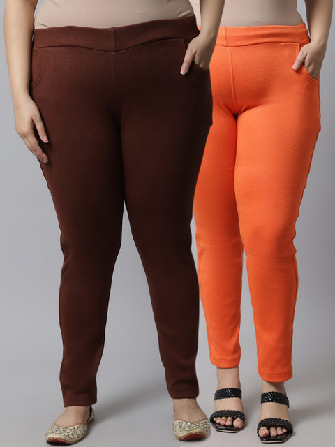 

TAG 7 Plus Size Women Pack of 2 Solid Ankle-Length Leggings, Brown