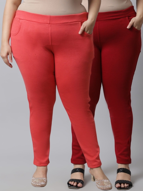 

TAG 7 Plus Size Women Pack of 2 Solid Ankle-Length Leggings, Peach