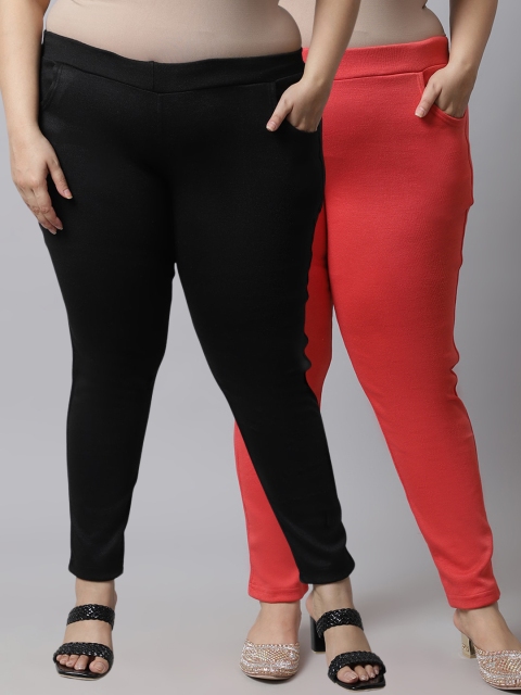 

TAG 7 Plus Size Women Pack of 2 Solid Ankle-Length Leggings, Peach