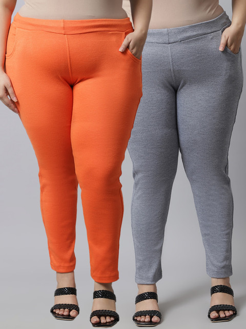 

TAG 7 Plus Size Women Pack of 2 Solid Ankle-Length Leggings, Orange