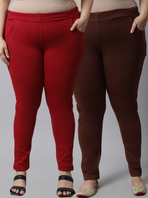 

TAG 7 Plus Size Women Pack of 2 Solid Ankle-Length Leggings, Brown