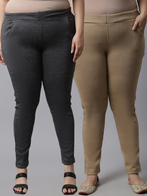 

TAG 7 Plus Size Women Pack of 2 Solid Ankle-Length Leggings, Grey
