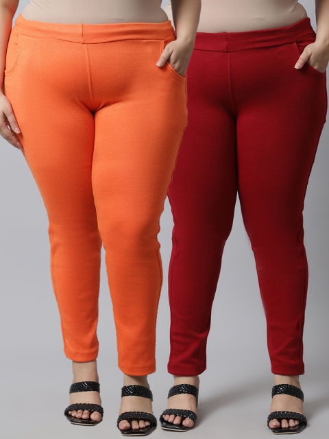 

TAG 7 Plus Size Women Pack of 2 Solid Ankle-Length Leggings, Orange