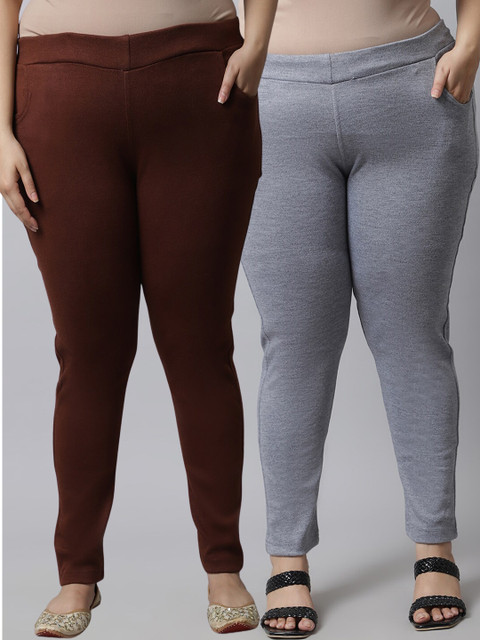 

TAG 7 Plus Size Women Pack of 2 Solid Ankle-Length Leggings, Brown