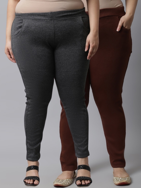 

TAG 7 Plus Size Women Pack of 2 Solid Ankle-Length Leggings, Brown