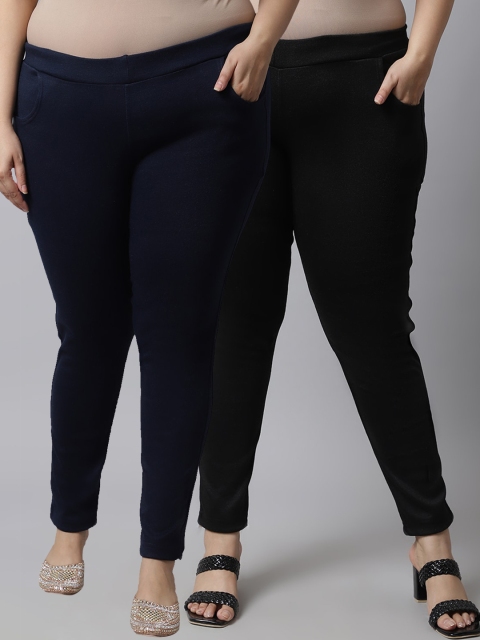 

TAG 7 Plus Size Women Pack of 2 Solid Ankle-Length Leggings, Black