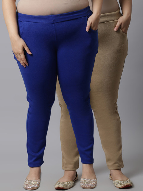 

TAG 7 Plus Size Women Pack of 2 Solid Ankle-Length Leggings, Beige