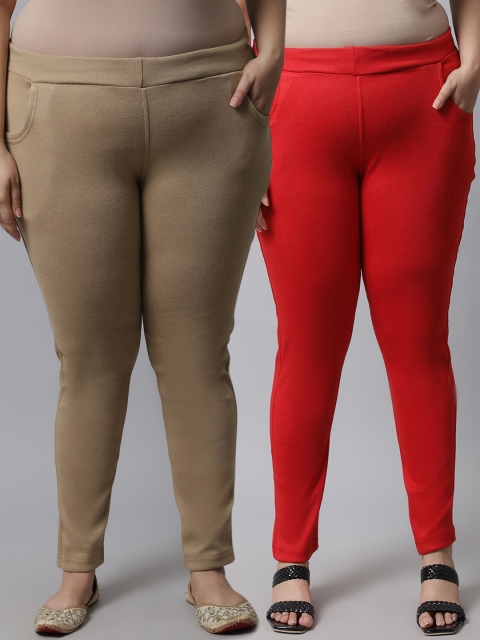 

TAG 7 Plus Size Women Pack of 2 Solid Ankle-Length Leggings, Beige