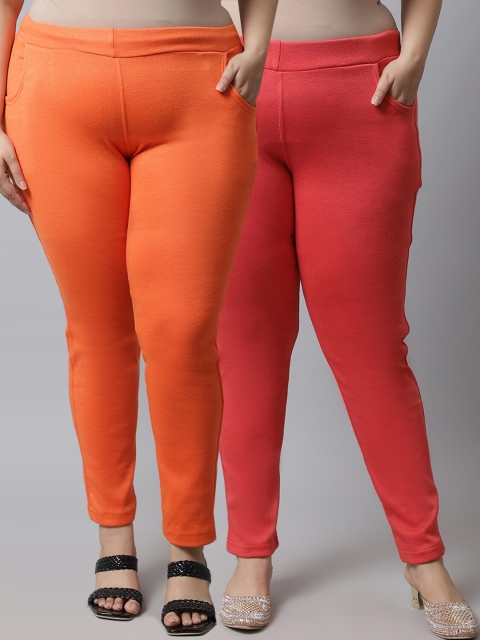 

TAG 7 Plus Size Women Pack of 2 Solid Ankle-Length Leggings, Orange