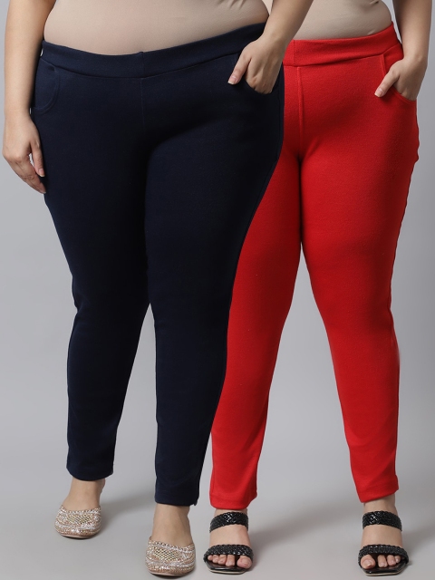 

TAG 7 Plus Size Women Pack of 2 Solid Ankle-Length Leggings, Red