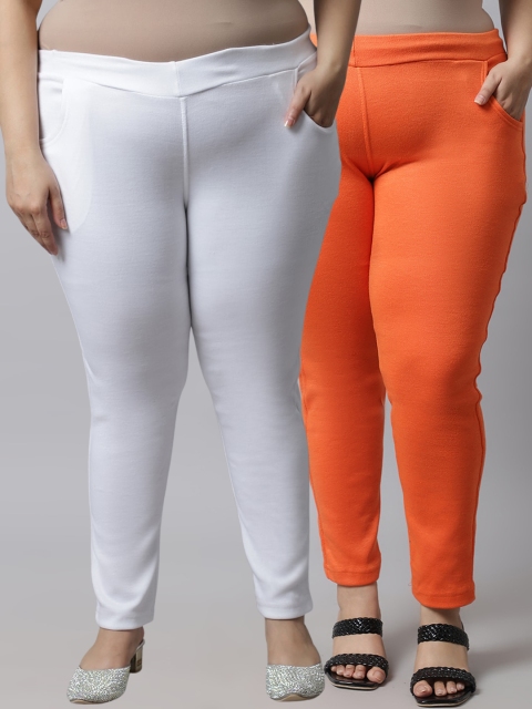 

TAG 7 Plus Size Women Pack of 2 Solid Ankle-Length Leggings, Orange