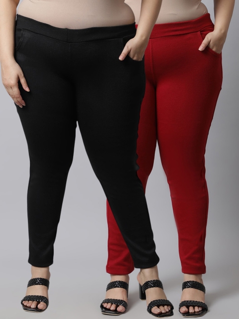 

TAG 7 Plus Size Women Pack of 2 Solid Ankle-Length Leggings, Black