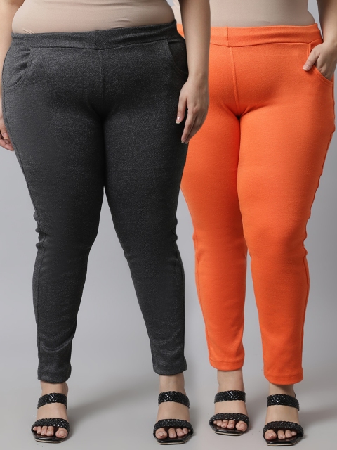 

TAG 7 Plus Size Women Pack of 2 Solid Ankle-Length Leggings, Grey