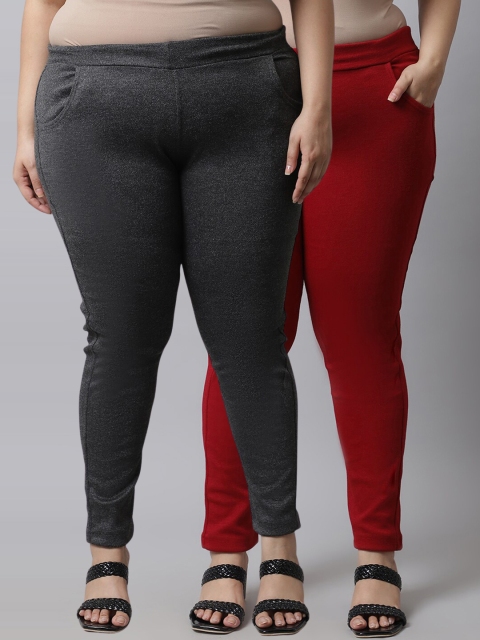 

TAG 7 Plus Size Women Pack of 2 Solid Ankle-Length Leggings, Grey