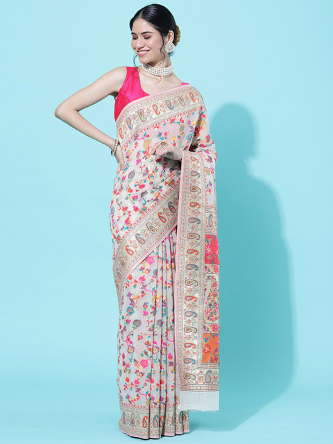 

GAJARAI Off White & Pink Paisley Silk Cotton Saree
