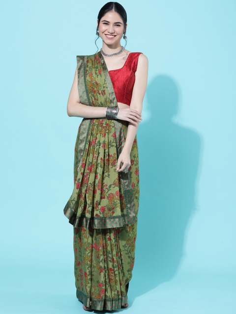 

GAJARAI Green & Red Floral Pure Chiffon Saree