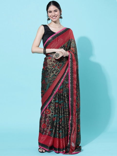 

GAJARAI Pink & Black Floral Pure Chiffon Saree
