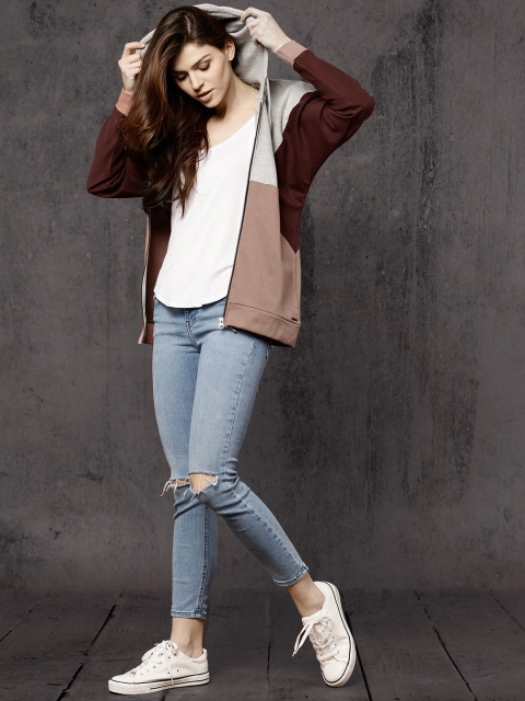 

Roadster Women Brown & Grey Colourblocked Hooded Sweatshirt