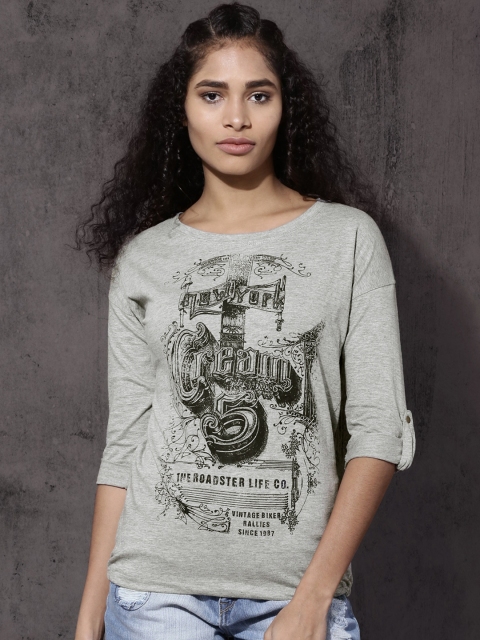 

Roadster Women Grey Melange Printed T-shirt