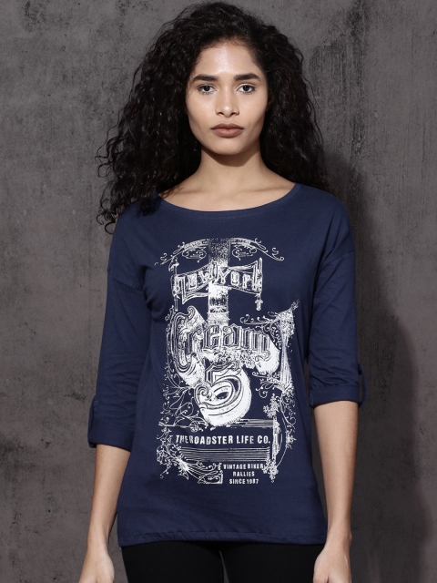 

Roadster Women Navy Blue Printed Round Neck T-shirt