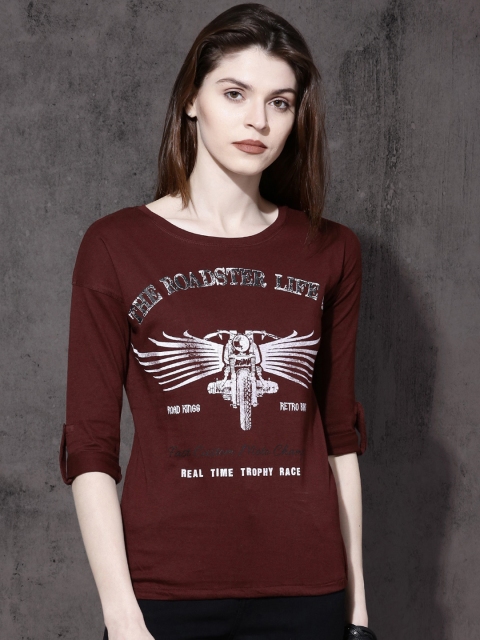 

Roadster Women Maroon Printed Round Neck T-shirt