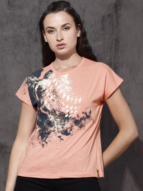 

Roadster Women Peach-Coloured Printed Round Neck T-shirt