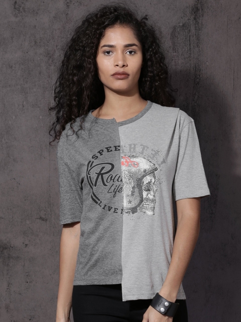 

Roadster Women Grey Melange Colourblocked Round Neck T-shirt