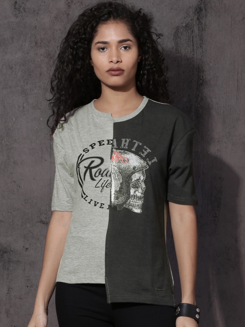 

Roadster Women Grey Melange Colourblocked Round Neck Pure Cotton T-shirt