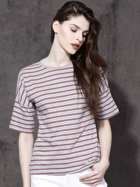 

Roadster Women Grey & Red Striped Round Neck T-shirt