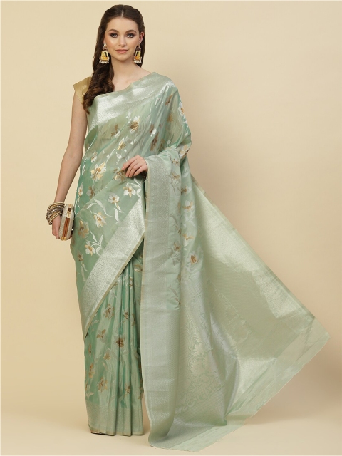 

Meena Bazaar Sea Green & Gold-Toned Woven Design Zari Organza Saree