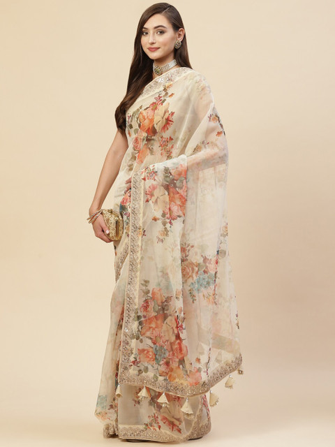 

Meena Bazaar Cream-Coloured & Pink Floral Embroidered Organza Saree