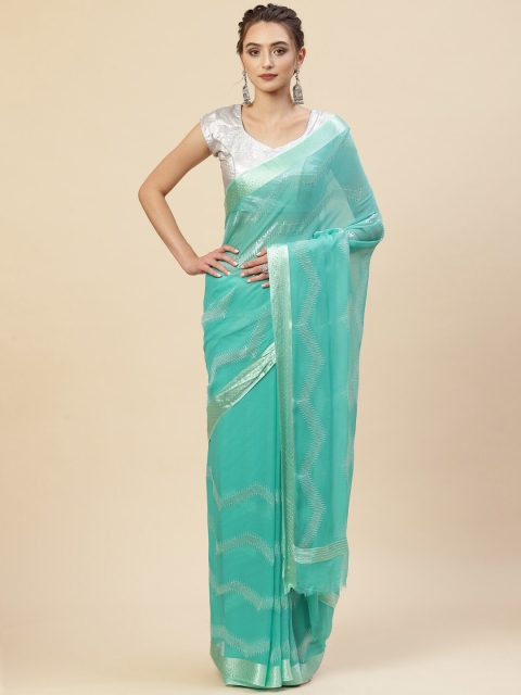

Meena Bazaar Sea Green & Silver-Toned Woven Design Zari Saree