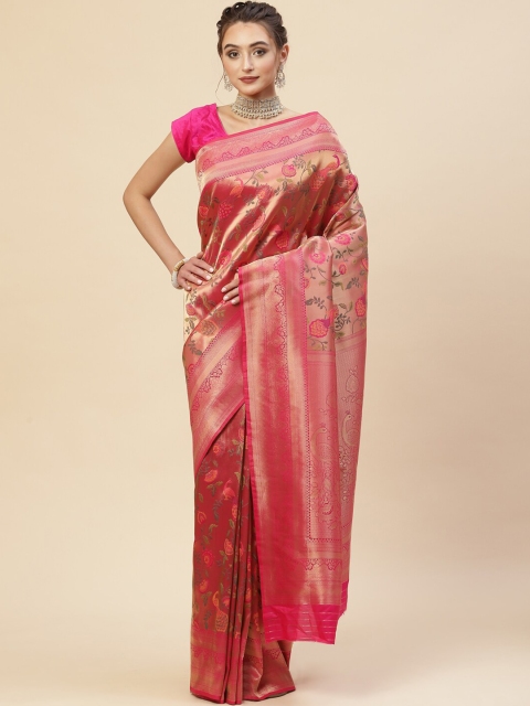 

Meena Bazaar Pink & Gold-Toned Woven Design Zari Art Silk Saree